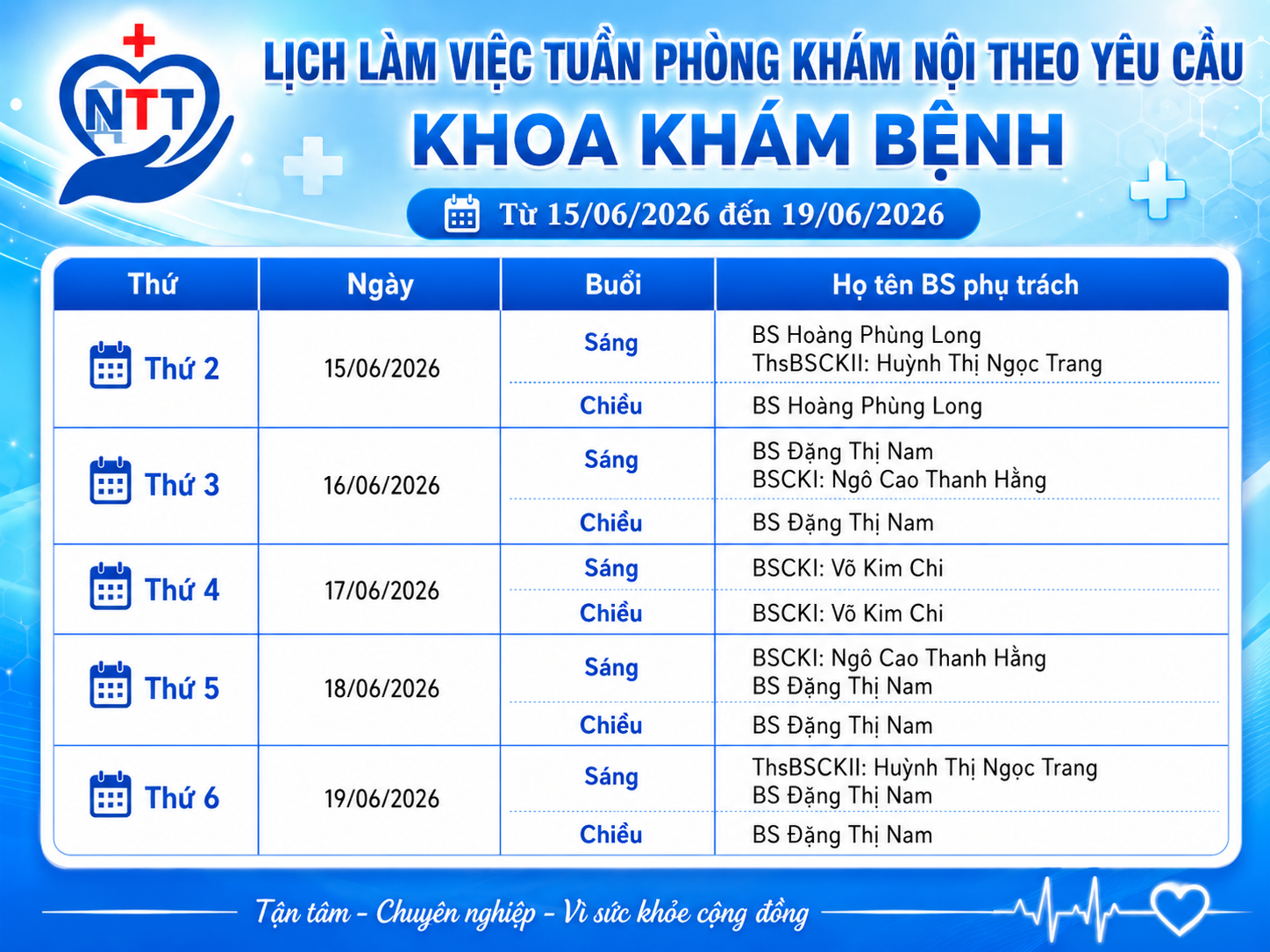 THÔNG BÁO LỊCH LÀM VIỆC PHÒNG KHÁM NỘI THEO YÊU CẦU