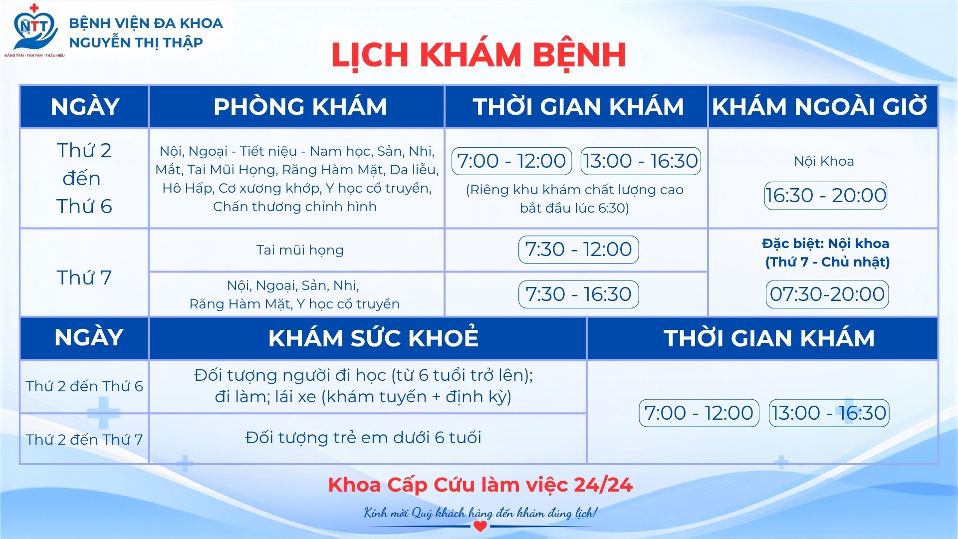 THÔNG BÁO: LỊCH KHÁM BỆNH TẠI BỆNH VIỆN ĐA KHOA NGUYỄN THỊ THẬP